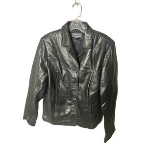 Harolds Vintage Black Genuine Leather Jacket Minimalist Classic Button-Up Y2K